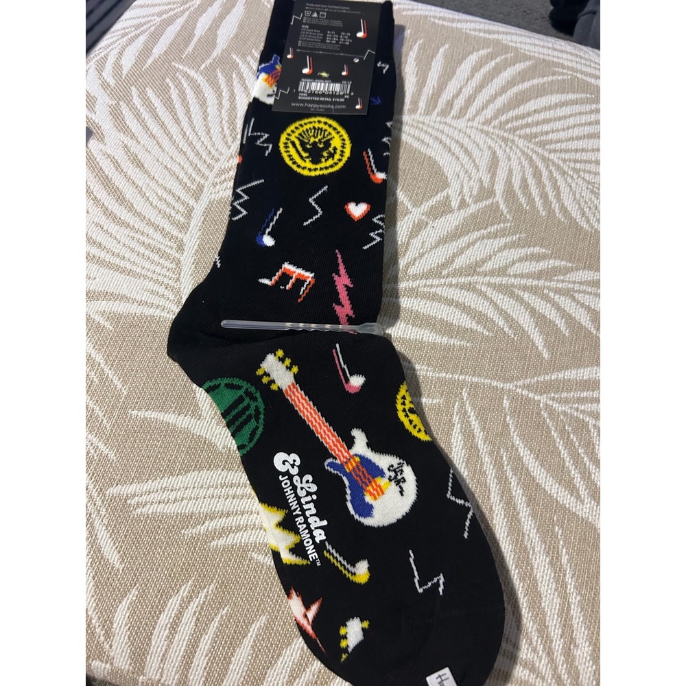 Happy Socks Unisex Johnny Ramone Combed Cotton 8-12 Black Graphic Crew Socks New - Picture 3 of 3